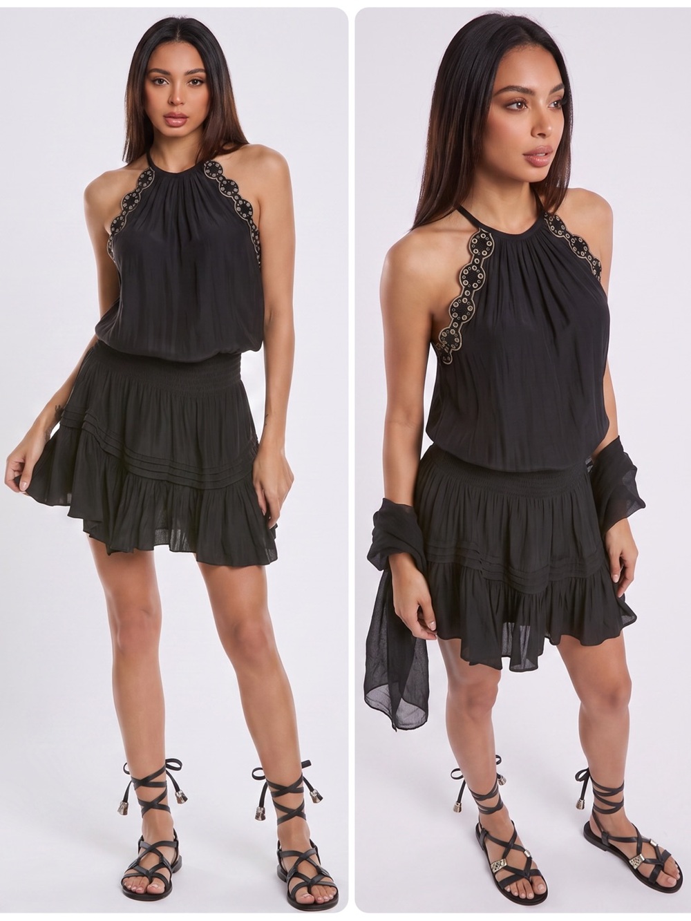 Ramy Brook Rowan Beaded Black Halter Scallop Smocked Waist Mini Dress NWT $585